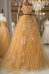 Yellow tulle lace long Semi Formal Prom Dresses, yellow tulle formal Dresses